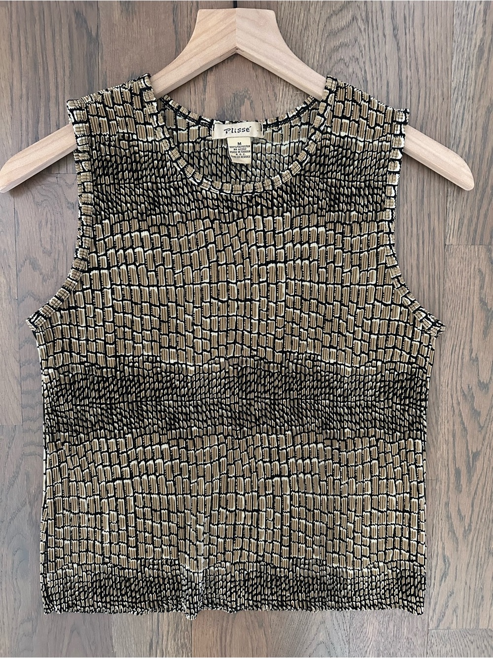 Vintage Plissé 1990s Abstract Print Crinkle Top in Gold, Black, Cream Medium